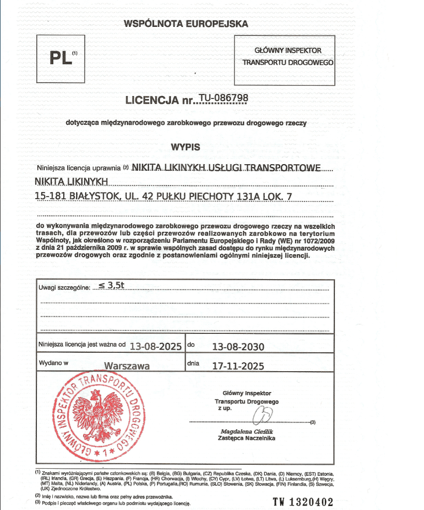 Licencja wspólnotowa TU-086798