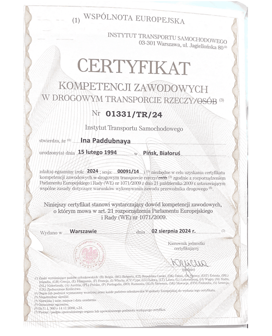 Certyfikat kompetencji zawodowych 01331/TR/24